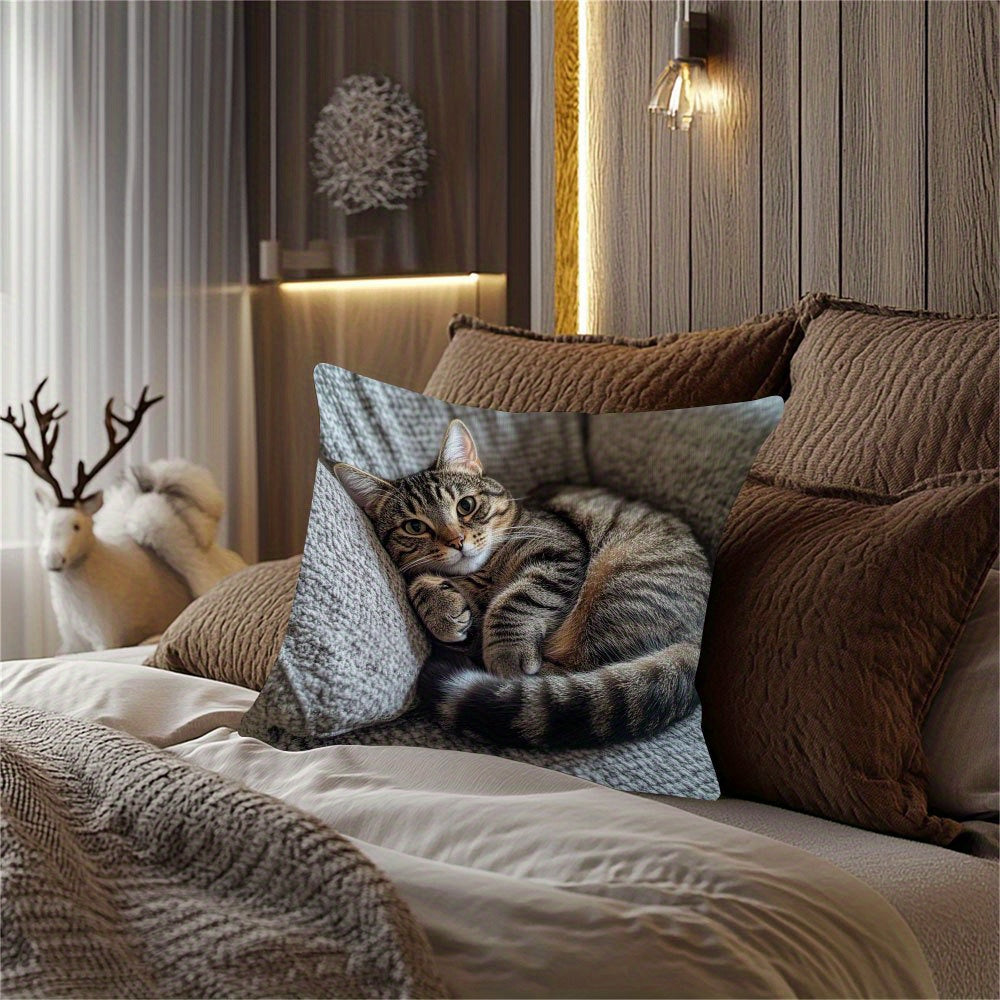 Tabby Cat Throw Pillow Cover featuring a friendly design - Double sided printing, made from short fleece fabric perfect for winter. This contemporary decor cushion case comes with a zipper for easy removal. Great for Christmas season. Note: Insert not