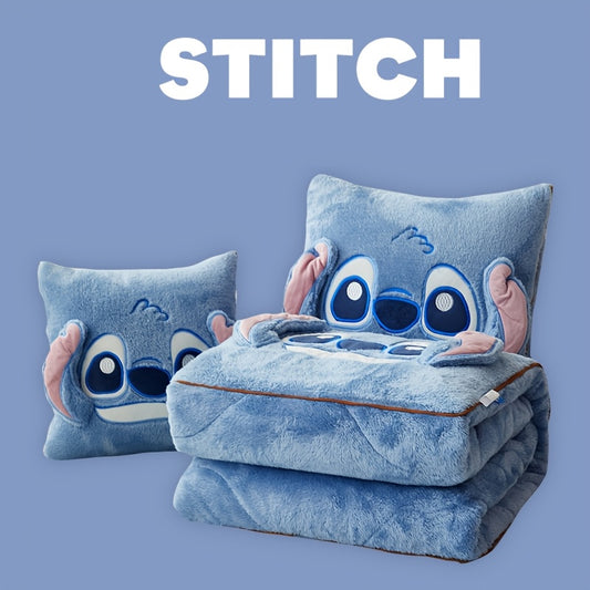 Disney Stitch 2-In-1 Pillow and Blanket Set, Modern Cartoon Theme, All-Season Polyester Woven Blanket, Portable and Multi-Purpose, Ideal for Travel and Office Use in Winter.