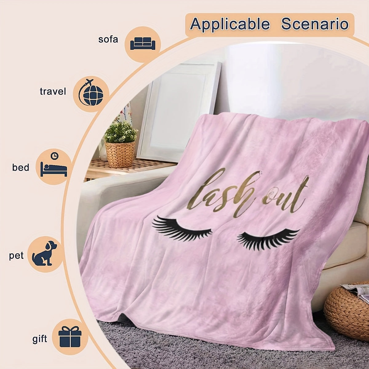 Soft and Cozy Pink Flannel Throw Blanket with Eyelash Print - Ideal Present for Girls, Women, Moms, and Aunts | Versatile for Bed, Sofa, or Chair | All-Season Comfortable Knit Blend