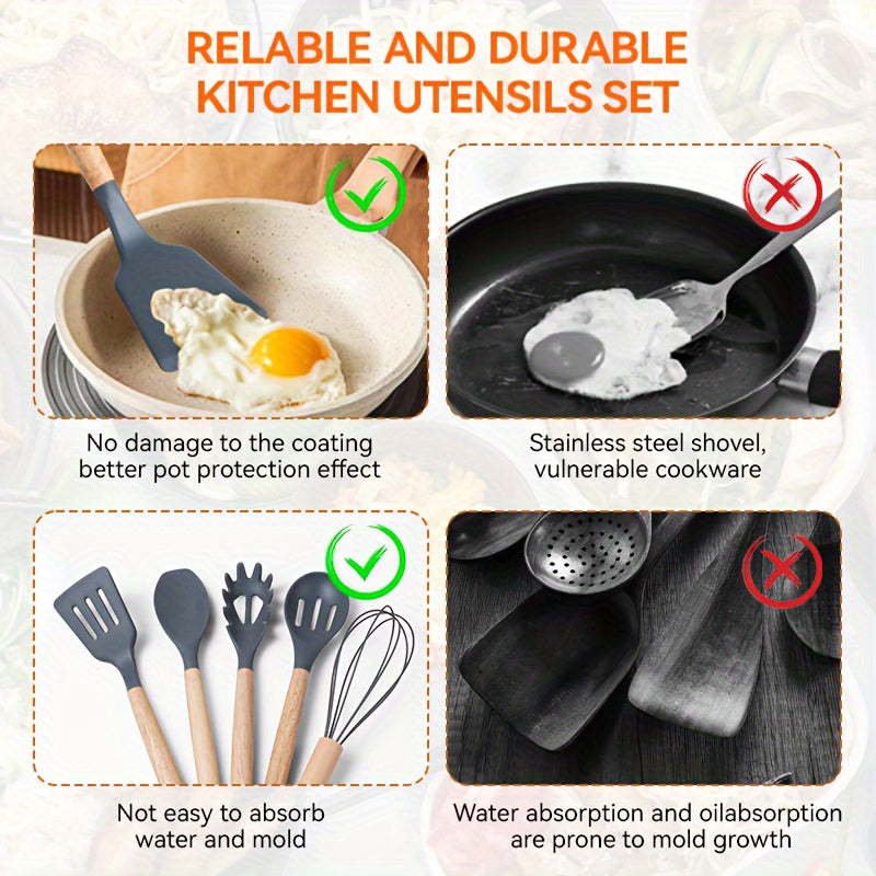 Premium Silicone Kitchen Utensil Set with Wooden Handles - Includes 6 essential pieces: Turner, Spoon, Spatula, Brush, and Whisk. Heat Resistant and Non-Stick Cookware Safe, BPA-Free.