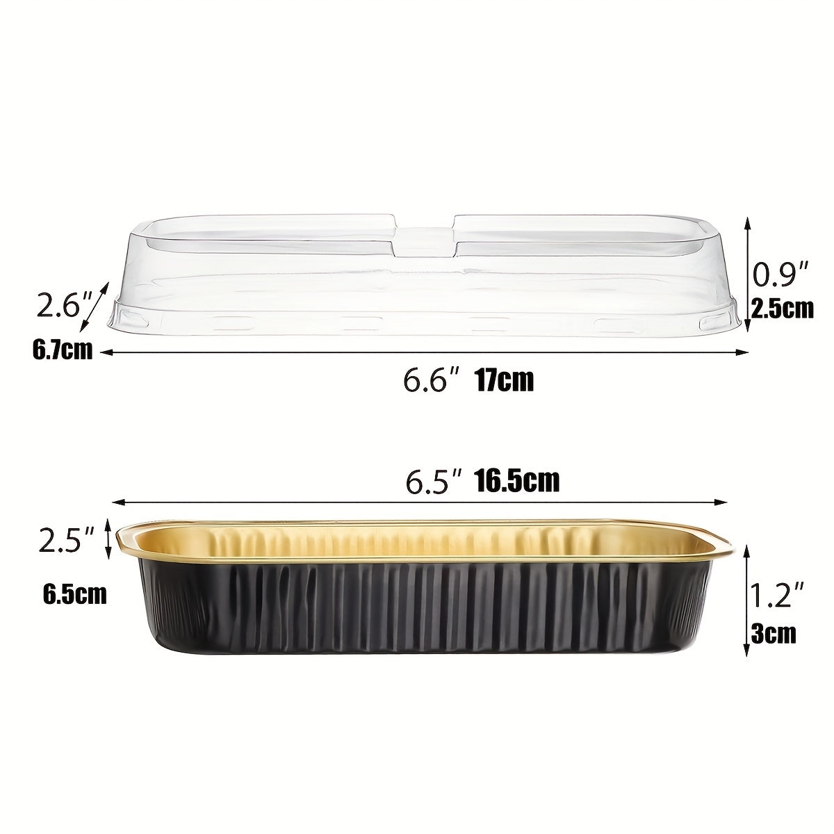 This package includes 10 mini loaf pans made of aluminum foil, each with a transparent lid. Each pan measures 16.51 cm by 6.35 cm by 3.05 cm, making them ideal for baking mini cakes and cupcakes. Available in black, pink, and golden colors.