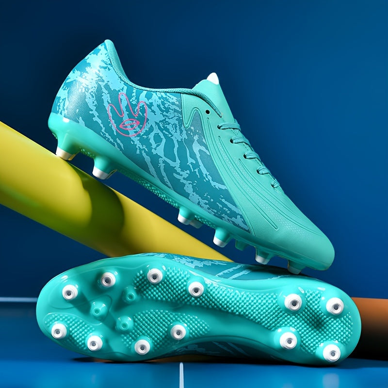 Turquoise & Pink Camo High-Top FG Football Boots with Non-Slip Sole, Shock-Absorbing Technology, and Comfortable Fabric Lining for All-Season Soccer Training