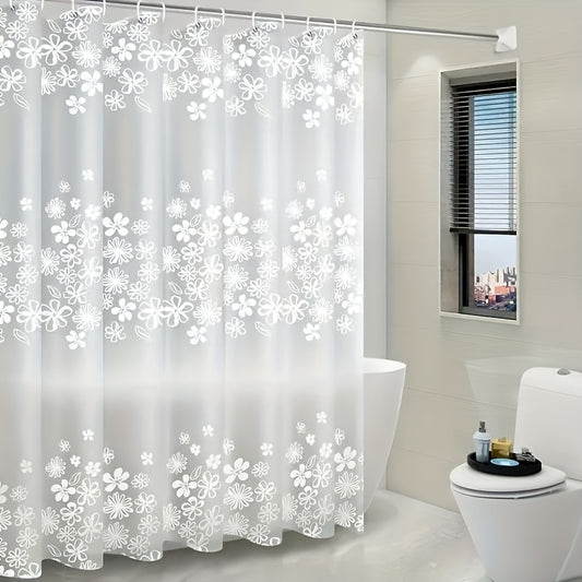 Floral patterned semi-transparent shower curtain with hooks. Waterproof and versatile, suitable for bathroom, wardrobe, or window. Available in multiple sizes.