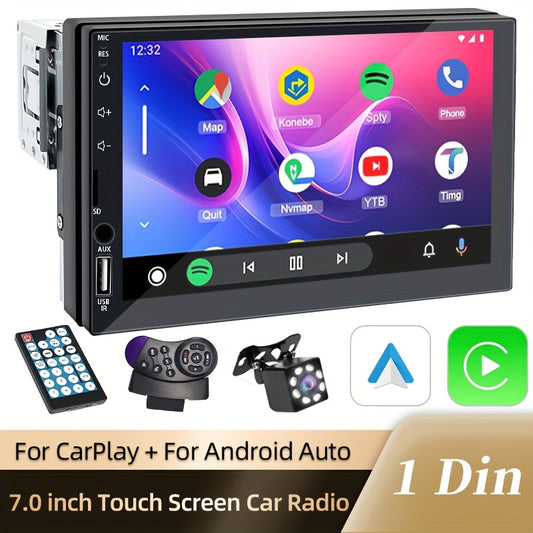 Compact single DIN car multimedia player with 17.78cm HD touch screen, support for wired CarPlay and AndroidAuto, MirrorLink, navigation and music connection. Features touch buttons