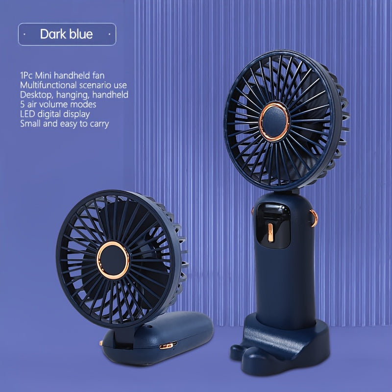 Compact Mini Fan with Digital Display, USB Charging, 5 Speed Settings, Portable and Foldable - Ideal for Travel, Commuting, Makeup, and Office.