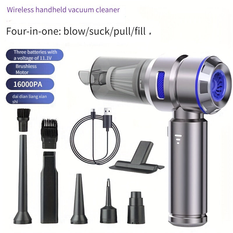 Portable wireless car vacuum cleaner with high suction power and quantity display for household dust removal.