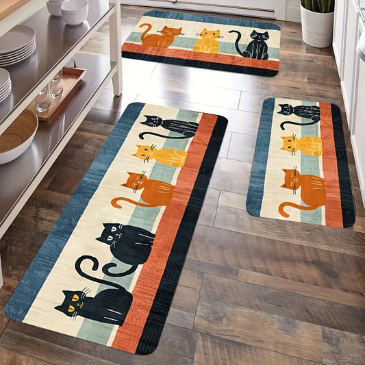 Cartoon Cat Design Door Mat - Adorable addition to your home! Made with thick, absorbent polyester fiber for use in the kitchen or bathroom. Non-slip and hand washable with a colorful striped background. Ideal for use as a bathroom mat.