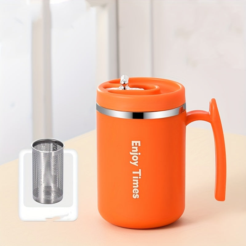 Stylish stainless steel coffee mug with straw, handle, perfect for office, reading, camping. Available in orange, light blue, cream, ideal for drinking coffee or tea.