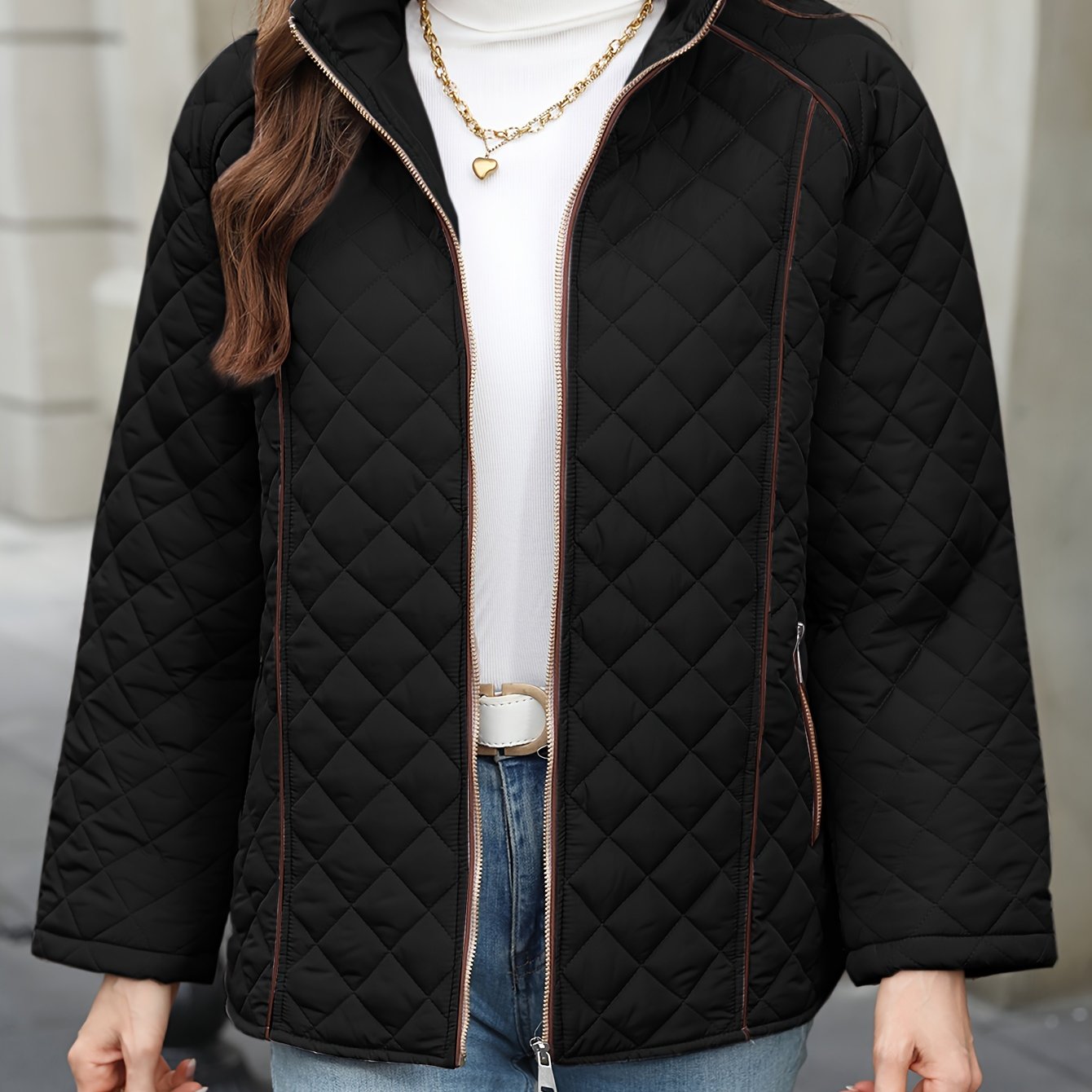 Women's plus size quilted jacket with zipper closure, polyester material, long sleeves, solid color, autumn/winter outerwear.