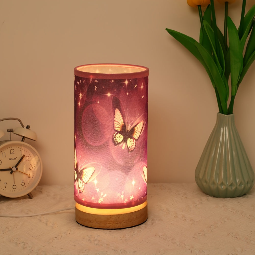 Purple butterfly table lamp with wood base - ideal for bedside or room decor.