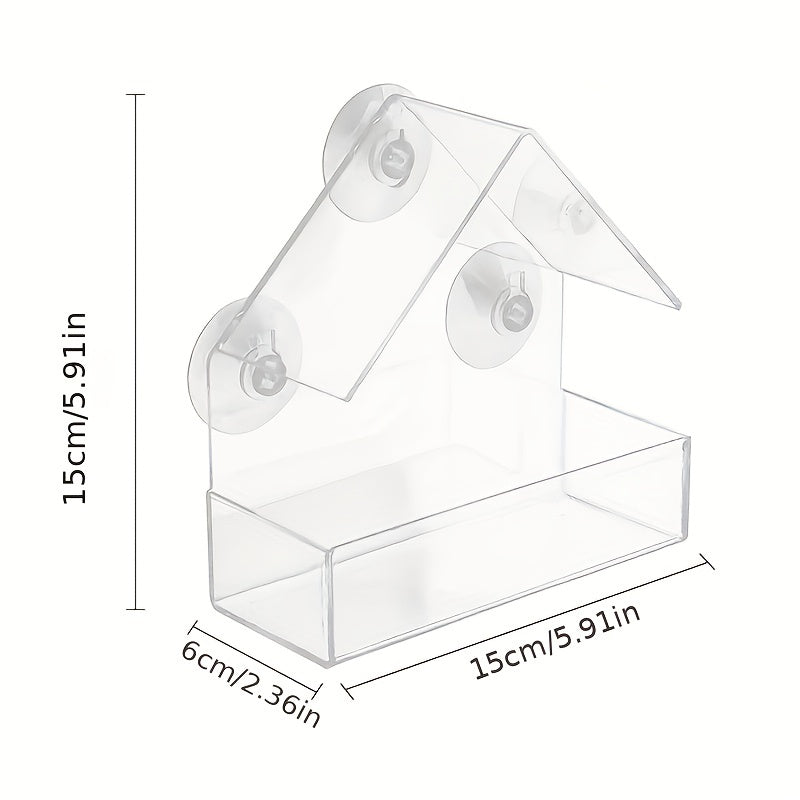 Durable clear acrylic bird feeder with suction cup for all bird species, easy to clean and perfect for window installation.