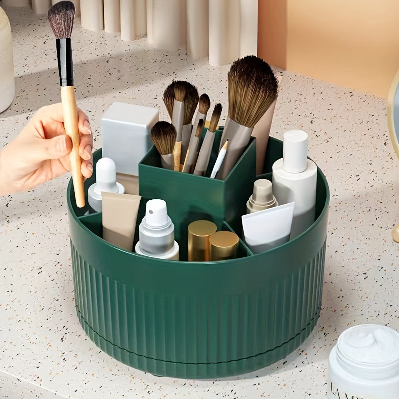 Multi-functional plastic cosmetic storage box spins for easy access to makeup, brushes, skincare, and more on bathroom countertops.