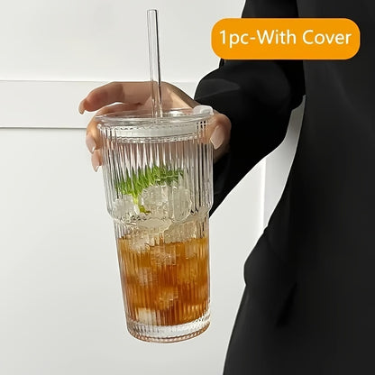 Large striped glass cup with lid for cold drinks, juice, and coffee. Insulated and reusable, perfect for home, office, and gatherings.