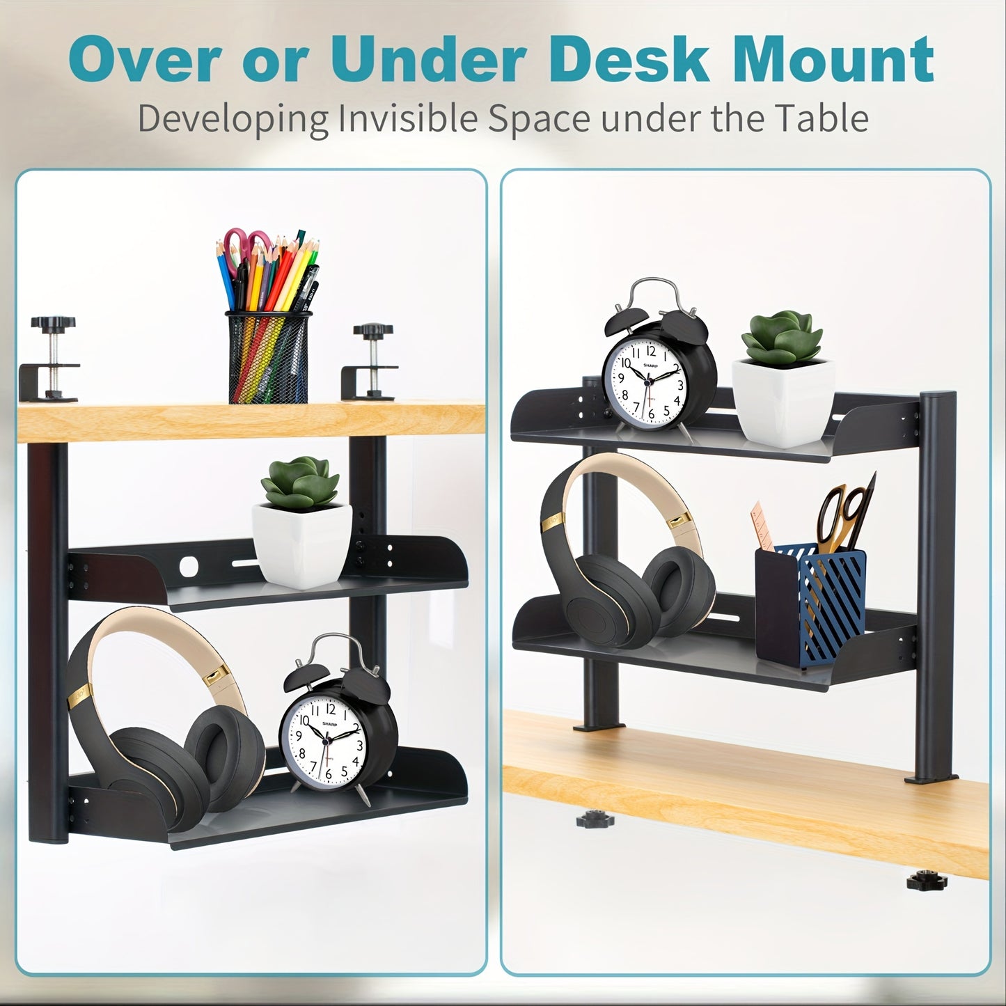 Adjustable clamp-on desk organizer, 43.18cm, dual-layer metal side table for office supplies & accessories.