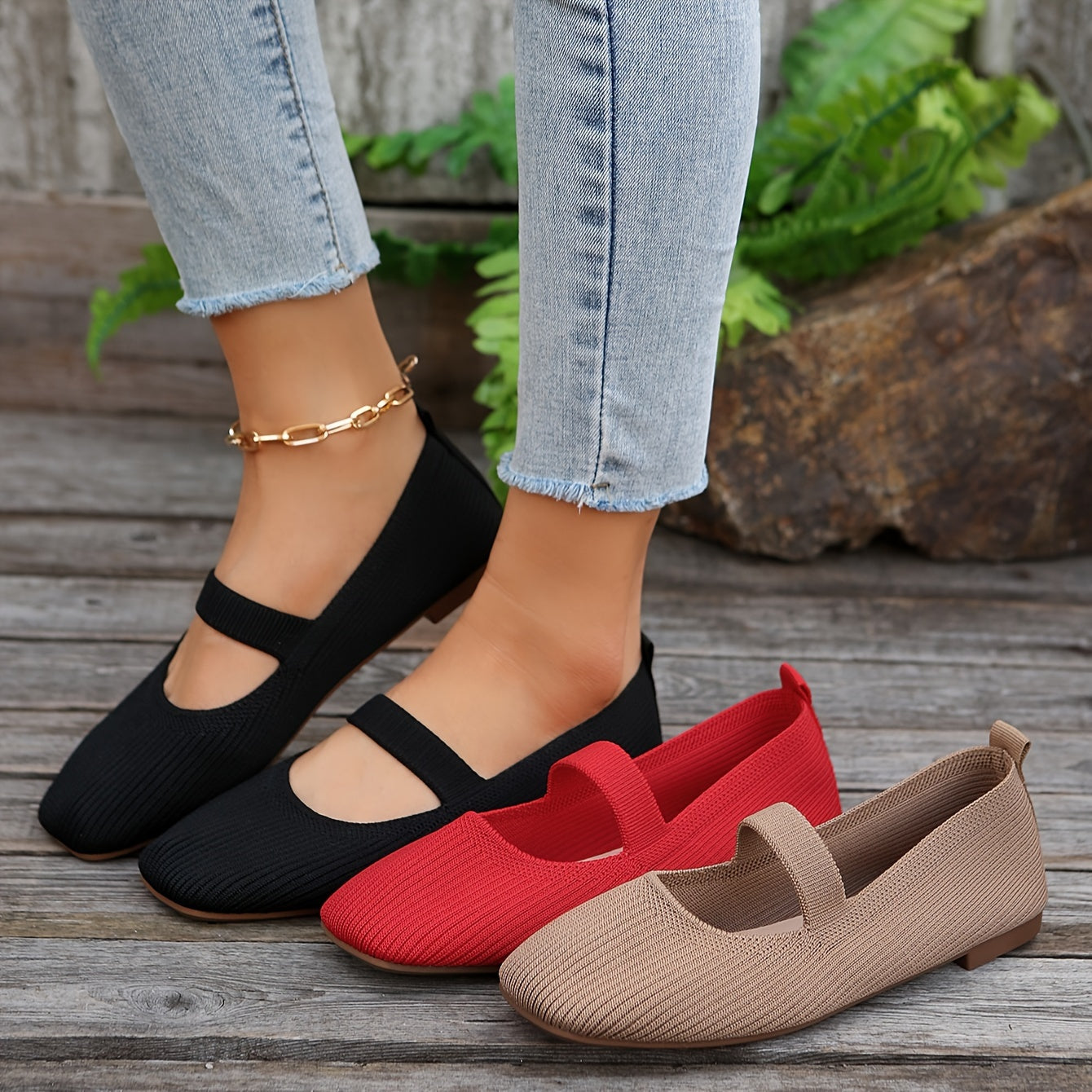 Women's casual knit flats with square toe, fabric upper, PU lining, and durable plastic sole for all seasons.