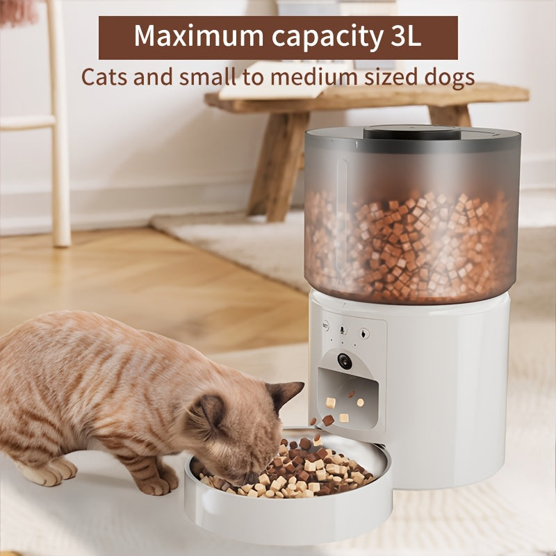 Automatic cat feeder with timed and quantitative feeding, large grain storage capacity, video and voice interactive features, three versions available, keeps food dry.