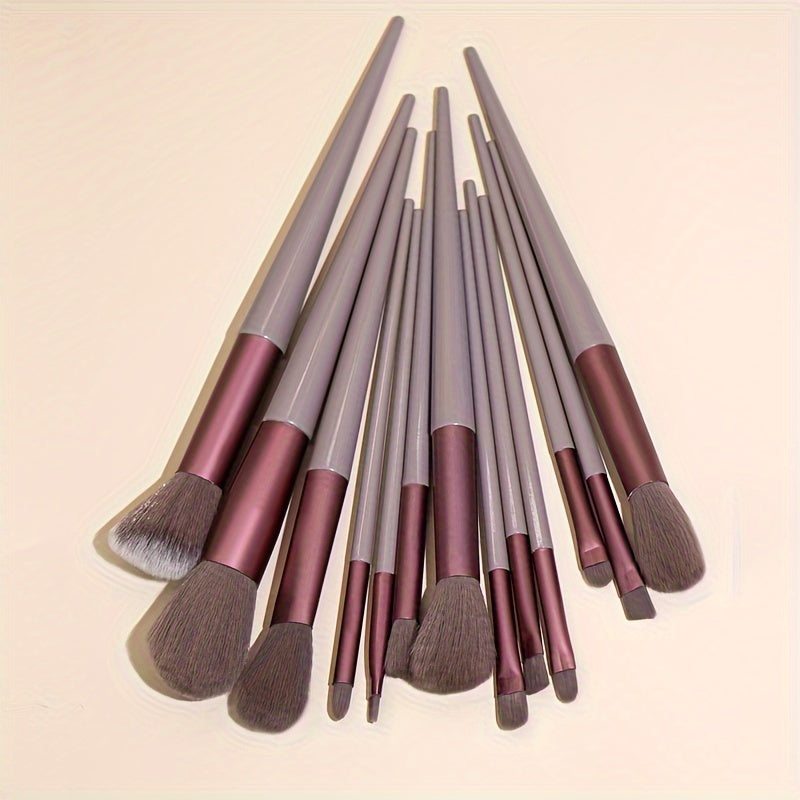 13 piece soft bristle makeup brush set in cream brown with pink & gray handles. Includes powder, blush, eyeshadow, and highlight brushes. Quick-dry, portable, and suitable for all skin