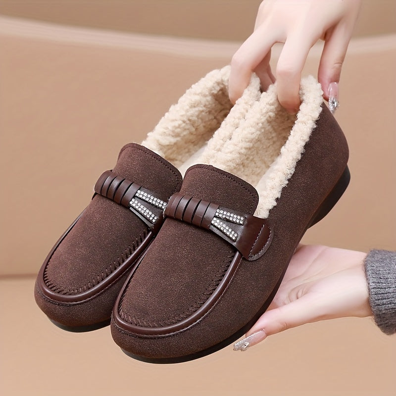 Women's Plush-Lined Loafers with Non-Slip Sole- Black, Warm and Cozy for Winter