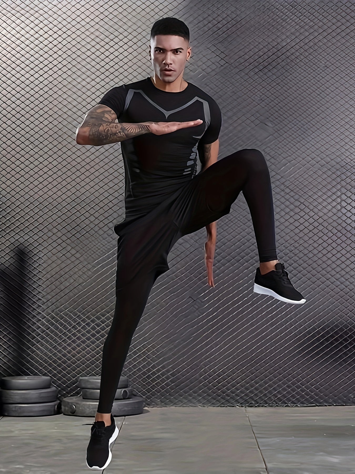 Men's 3-piece base layer set includes compression tops, bottoms, and shorts for fitness workouts and body shaping.