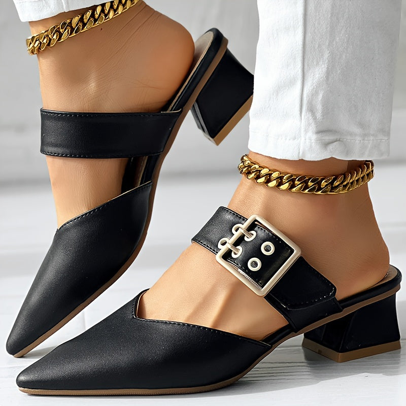 Women's elegant solid color Mary Jane shoes with buckle detail, slip-on design, and block heel.