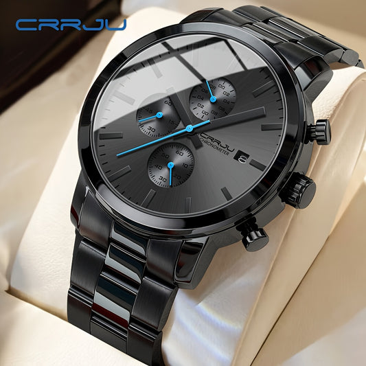 CRRJU Luxury Men's Stainless Steel Quartz Chronograph Watch with Business Style Analog Display.