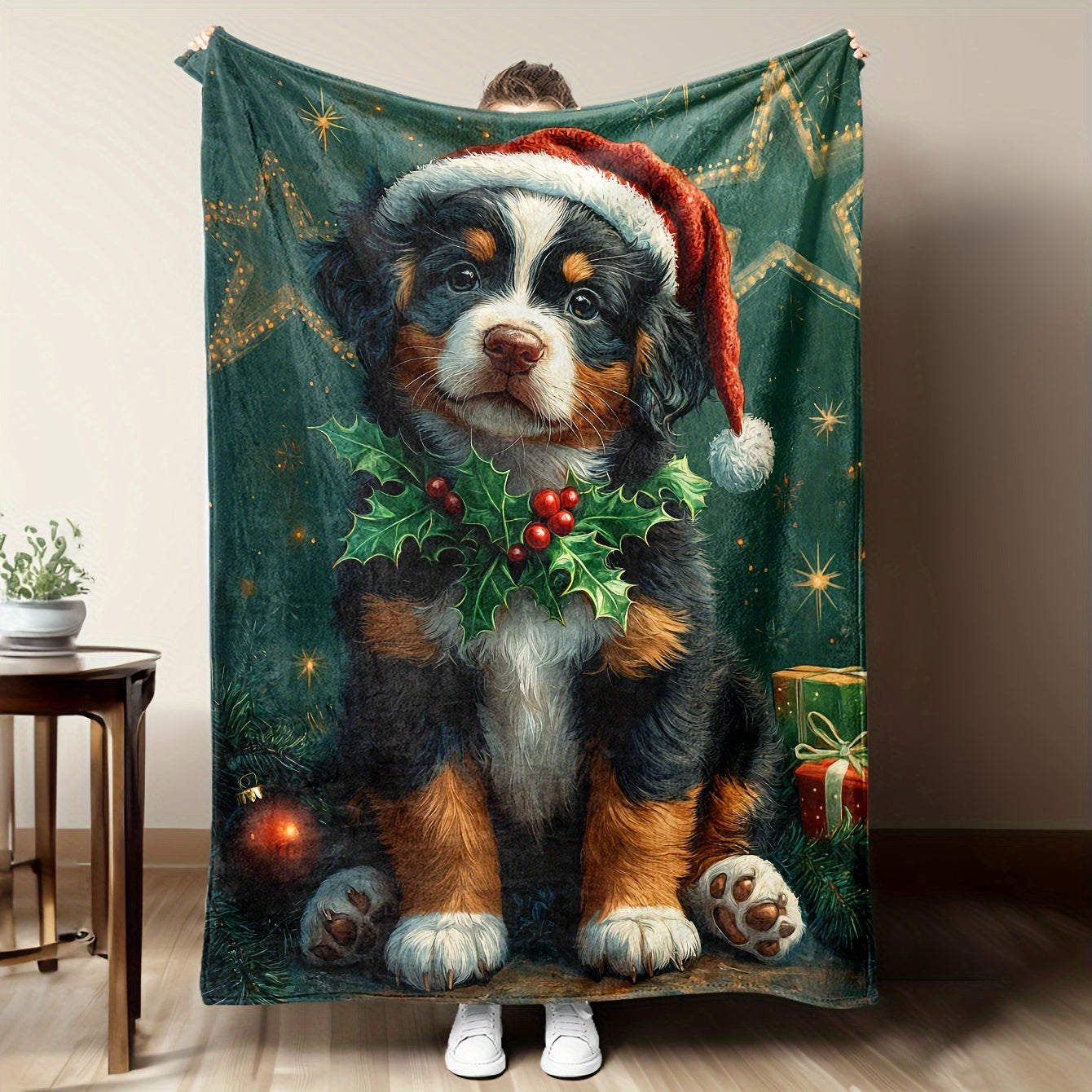 Fluffy Christmas Dog Flannel Fleece Throw Blanket - Perfect for Sofa, Bed, or Office - Durable, Mixed Colors, Polyester Material, Suitable for All Seasons - Easy to Clean in Washing Machine - Versatile and Hypoallergenic - Features Digital Print Design -