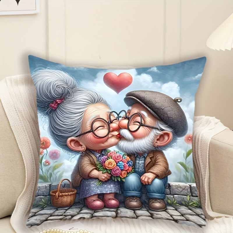 Chic couple-themed plush pillowcase 44.96cm x 44.96cm with zipper. Machine washable. Architectural collectible for home and bedroom decor (pillow not included).