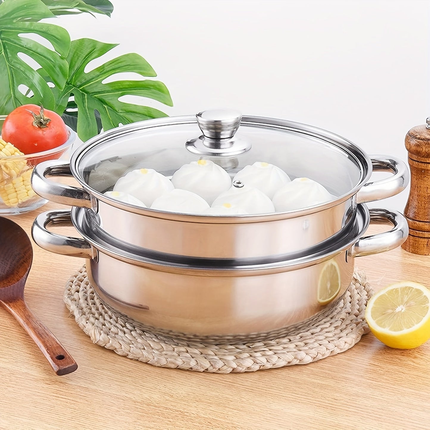 Stainless Steel 2-Tier Steamer Pot with Lid - Ideal for Cooking Vegetables, Dumplings, Stocks, Sauces, and More