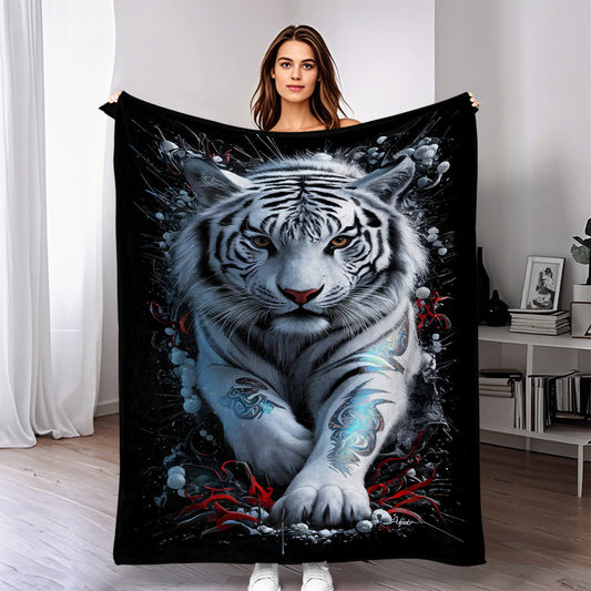 This versatile blanket showcases a stunning white tiger design, exuding artistic creativity and a strong presence. It can be used as a bedspread, towel blanket, nap blanket, or leisure blanket, making it ideal for travel. The soft, lightweight, and