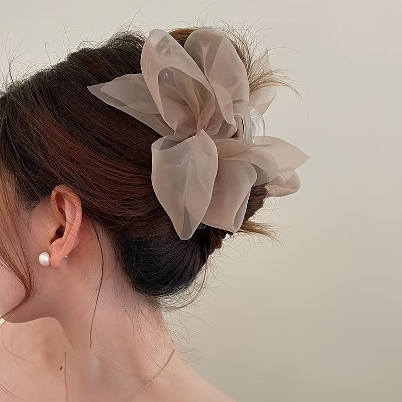 Chic large beige tulle bow hair claw clip with sweet milk coffee fairy design, perfect for Valentine's Day.