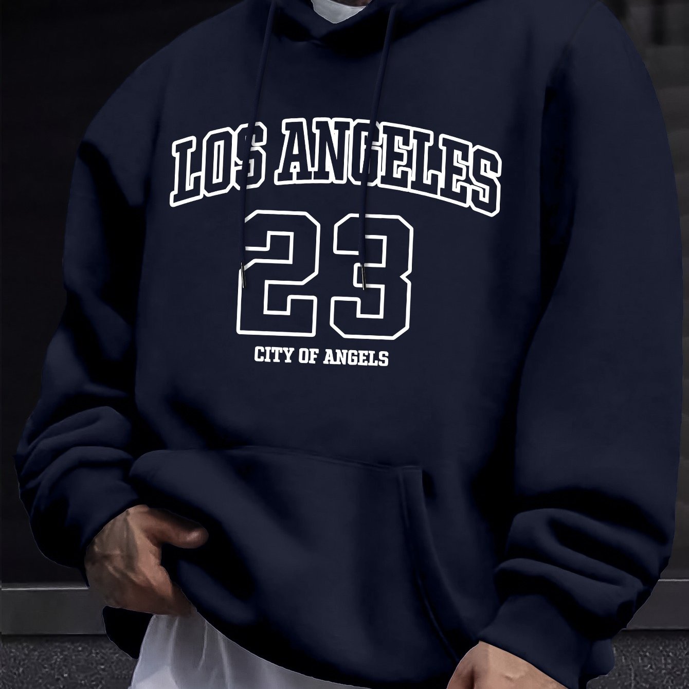 Men's Navy Blue Los Angeles 23 Graphic Hoodie - Casual knit pullover with drawstring and kangaroo pocket, made of soft polyester blend. Machine washable for spring/fall.