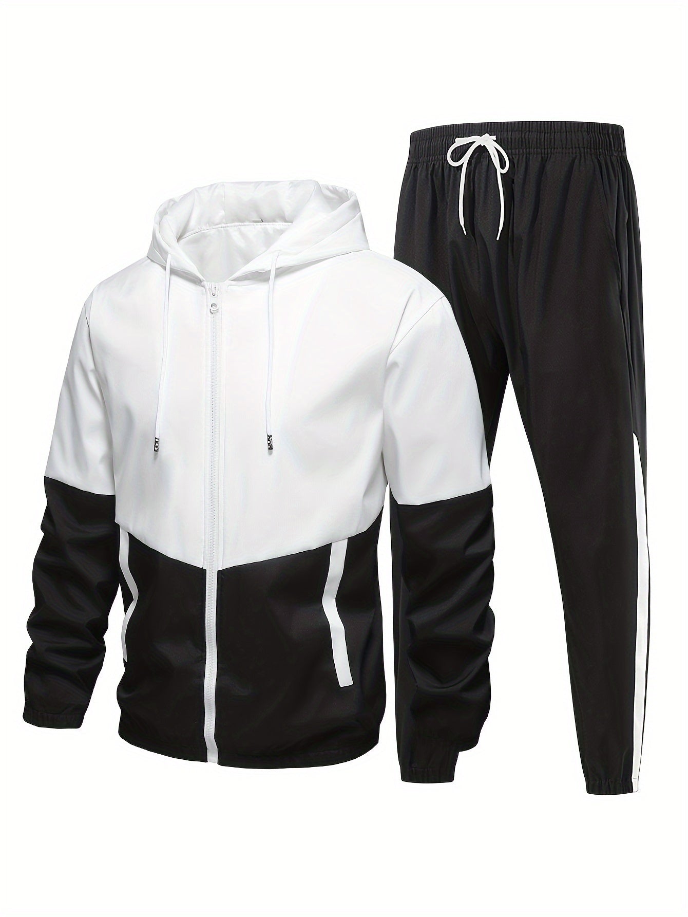 Men's tracksuit set with hooded jacket and long pants made of 100% polyester. Features solid color woven fabric, non-stretch regular fit, suitable for all seasons.