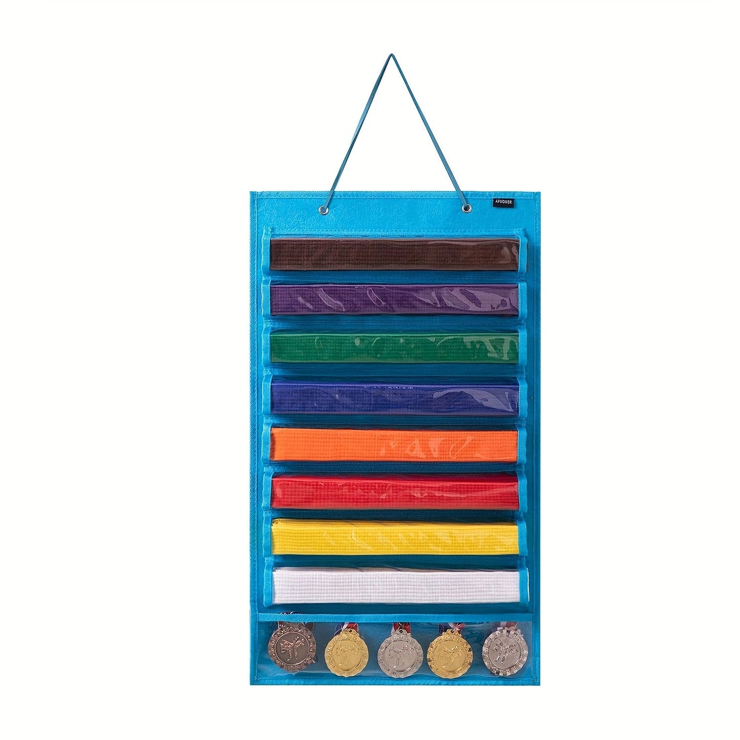 Display your martial arts belts and medals with pride on this durable felt organizer. With 9 clear pockets, this rack can hold up to 8 belts and 5 medals. Easy to install on your wall, this decorative piece is perfect for karate and taekwondo enthusiasts.