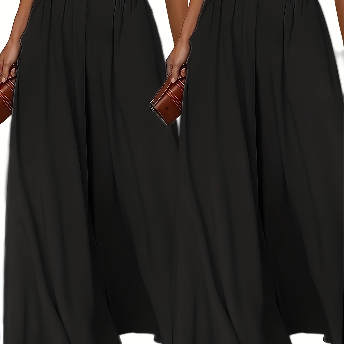 Set of 2 women's high waist wide leg pants in solid color polyester with pockets, ideal for all-season wear.