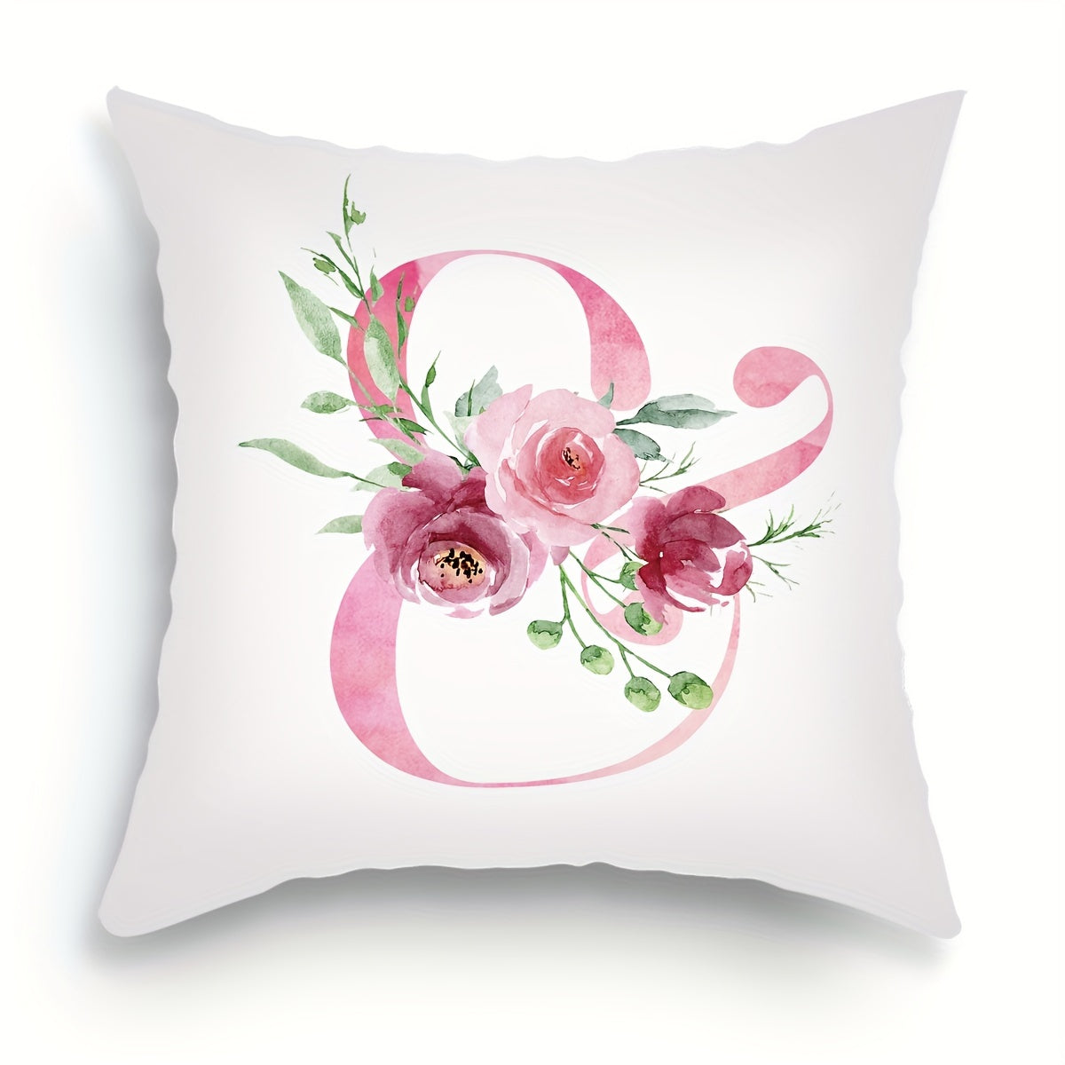 18x18 inch Alphabet Floral Pillow Cover featuring A to Z English Letters in pink print. Ideal for adding a contemporary touch to sofa, living room, or bedroom decor. Single-sided printing, insert not included.