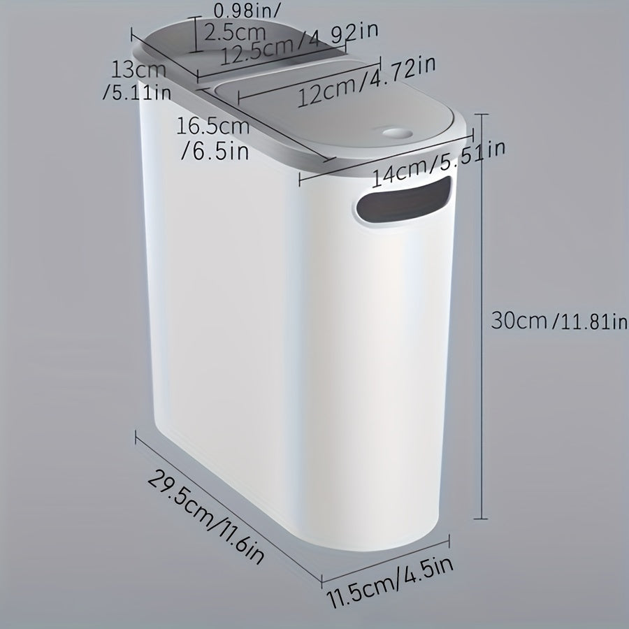 One-piece bathroom trash can with lid and slit for easy disposal. Perfect for home use.