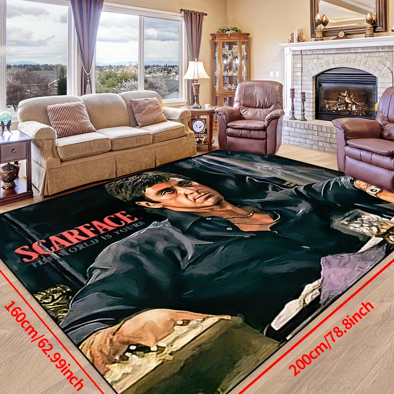 Non-slip machine washable polyester door mat carpet featuring a thick felt construction of 1000g per square meter. The mat measures 1pc in sizes ranging from 15x23 to 63x78 inches and showcases a design of a man sitting on a dark black background