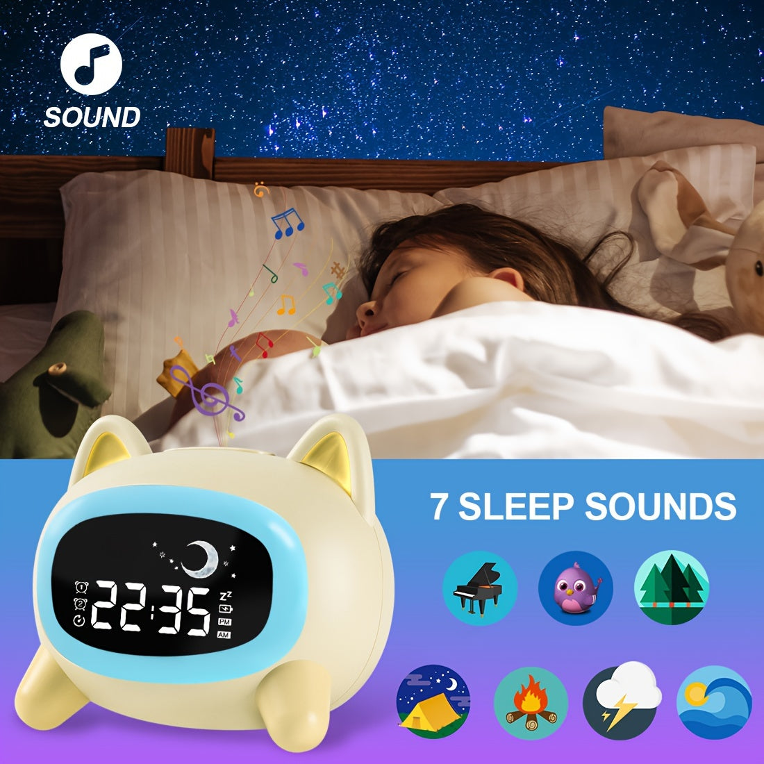 Yellow cartoon animal alarm clock for ages 3-8 with round shape and white finish. USB rechargeable with 1800mAh lithium battery. Includes ok to wake feature, multicolor night light, and white noise sleep melodies.