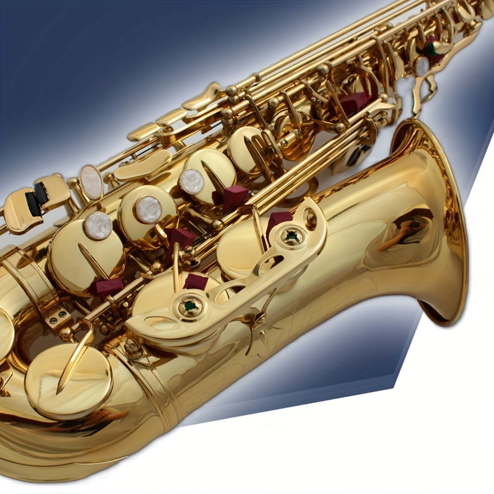 Classic style alto saxophone in E-flat with brass construction and polished finish, includes case and maintenance kit.