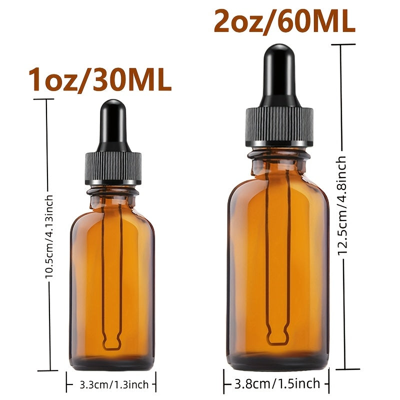 12/6 amber glass dropper bottles with teal glass droppers, in 30ml and 60ml sizes. Ideal for cosmetics, perfumes, essential oils, and lab dispensing.