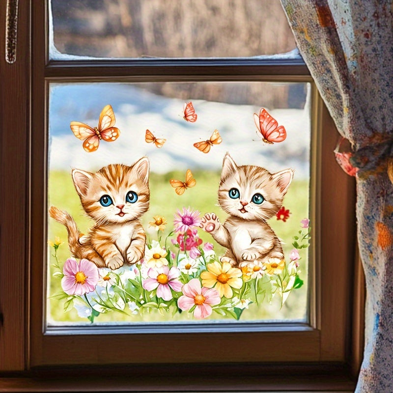 Glass stickers featuring a pair of cats catching butterflies and flowers, designed to prevent collisions. These self-adhesive stickers are simple to apply and can be used on bathroom, bedroom, living room, door, and window glass surfaces for home