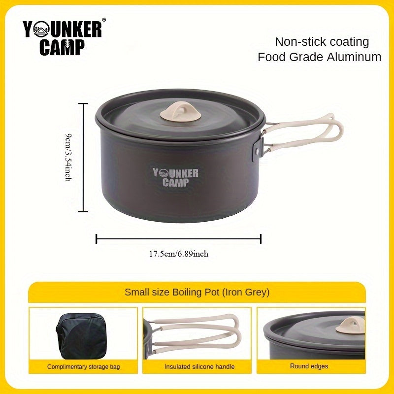 Experience the great outdoors with the YOUNKER CAMP 12-Piece Camping Cookware Set. This aluminum lightweight portable set includes camping pots and pans complete with a stove, perfect for hiking, picnics, and more. Made from food-grade materials with