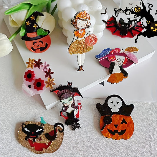 Retro Punk Inspired Acrylic Brooch Pins - Quirky Cartoon Designs for Scarves and Jackets, Featuring Halloween Icons like Pumpkins, Skeletons, and Bats