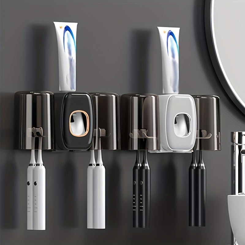 Wall-mounted toothbrush holder with toothpaste squeezer, mouthwash cup, and storage for bathroom organization and home decor.