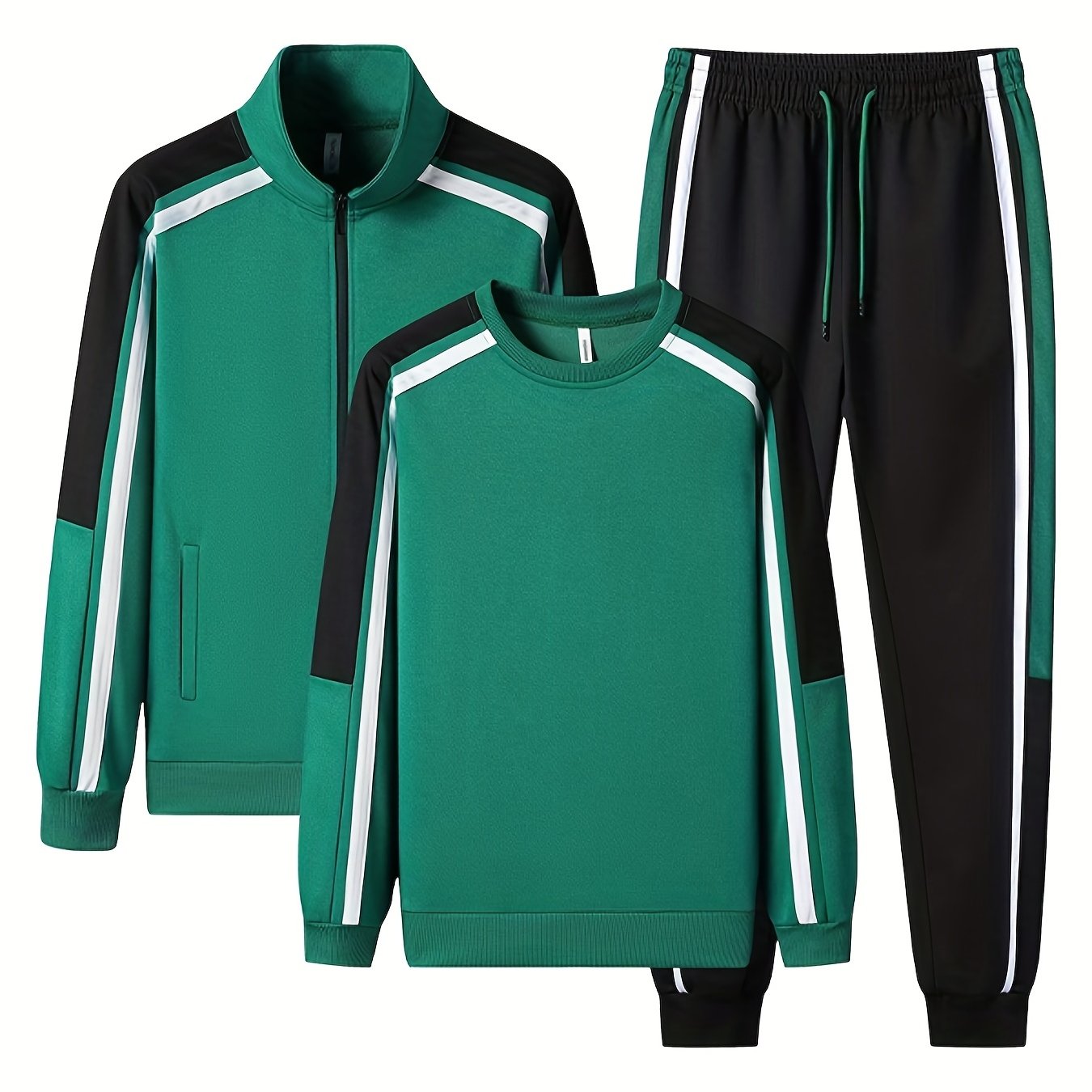 Men's 3-piece tracksuit set for gym workout and running, featuring a full-zip jacket, sweatshirt, and jogging pants.