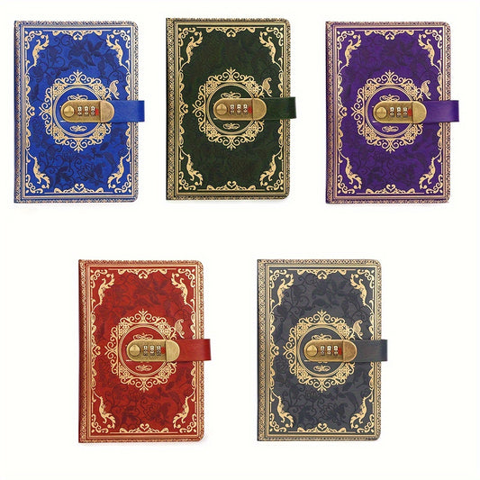 Vintage-inspired journal with combination lock, thick ornate design in blue, green, red, or purple. Ideal for business or personal use by students and professionals.