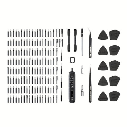 Compact electric screwdriver set with 3 torque settings, foldable design, 160 precision bits for various devices.