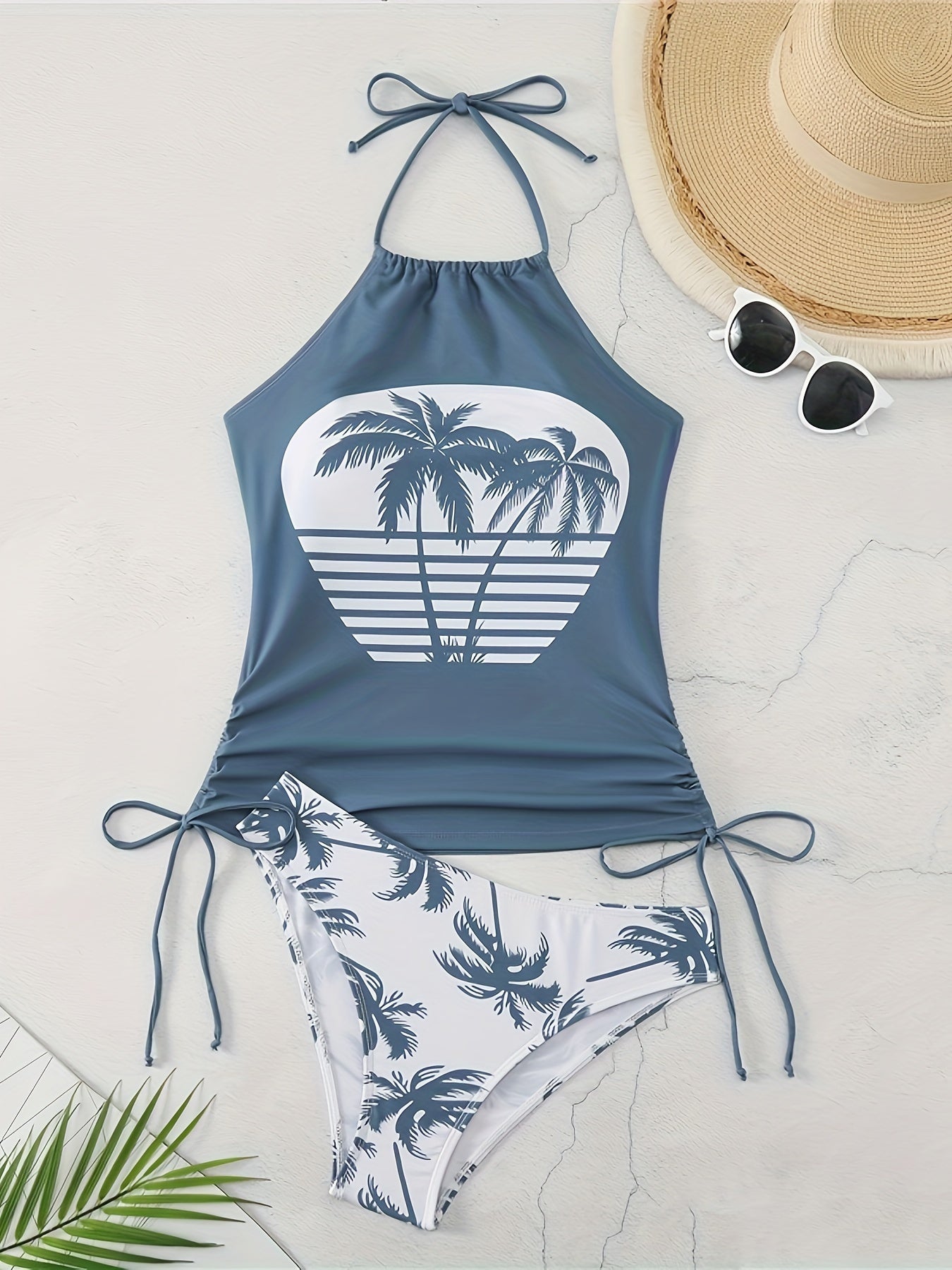 Padded bra swimsuit with palm tree print.