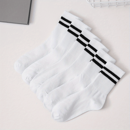 6 pairs of comfy striped print mid tube socks for women, perfect for sports and college style.