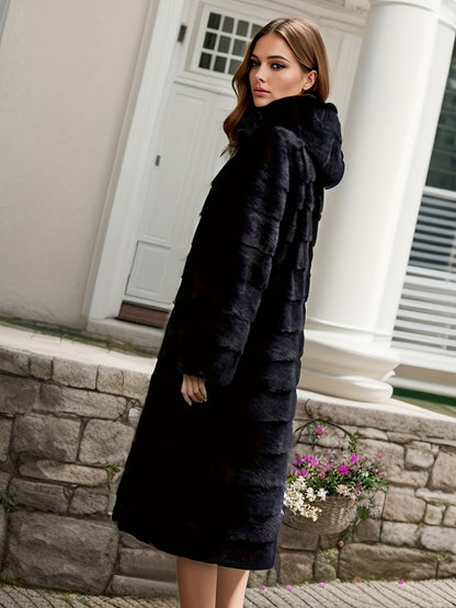 Plus size faux fur coat with pockets and hood, perfect for fall & winter.